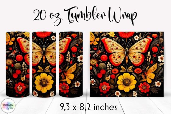 Butterfly with Flowers Folk Tumbler Wrap: Graphics for Vibrant Tumbler Wraps