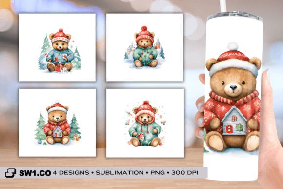Christmas Bear Skinny Tumbler Wrap PNG: Graphics for Crafts