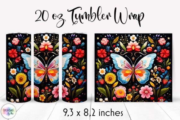 Folk Flowers with Butterfly Tumbler Wrap: Graphics for Vibrant Tumbler Wraps