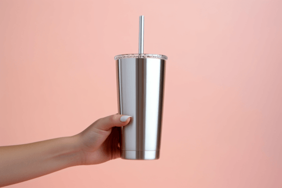 Hand Holding Sliver Tumbler Mockup: Graphics for Mugs Amp