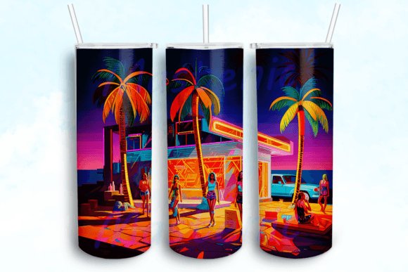 Neon Lit Beach Tumbler PNG: Graphics for Crafts
