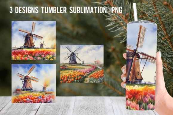 Watercolor Windmill-Tulips Tumbler Graphics for Crafts