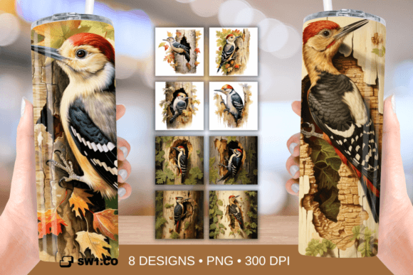 Watercolor Woodpecker Tumbler Wrap PNG: Craft Graphics
